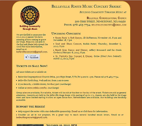 Belleville Roots Concerts Series webpage snapshot